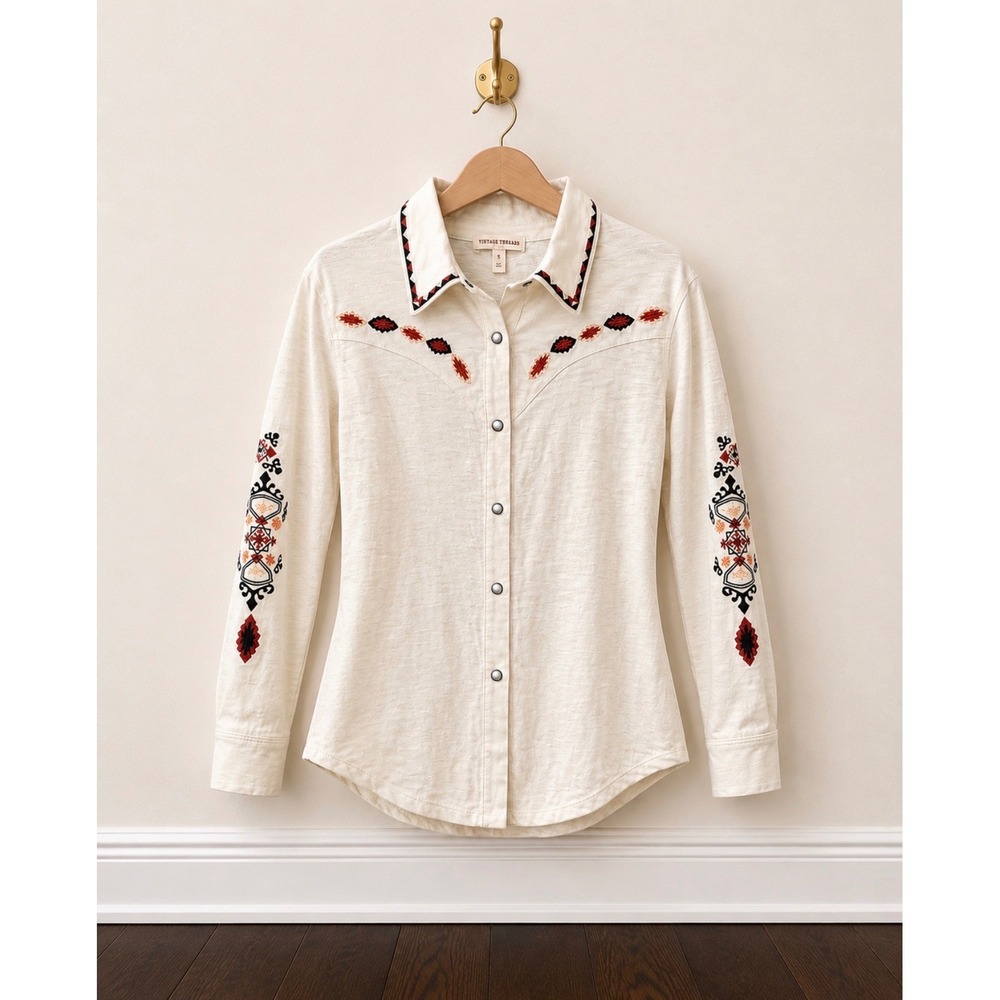 Vintage Threads Cream Embroidered Western Snap Button Shirt Small CS16260CTSC